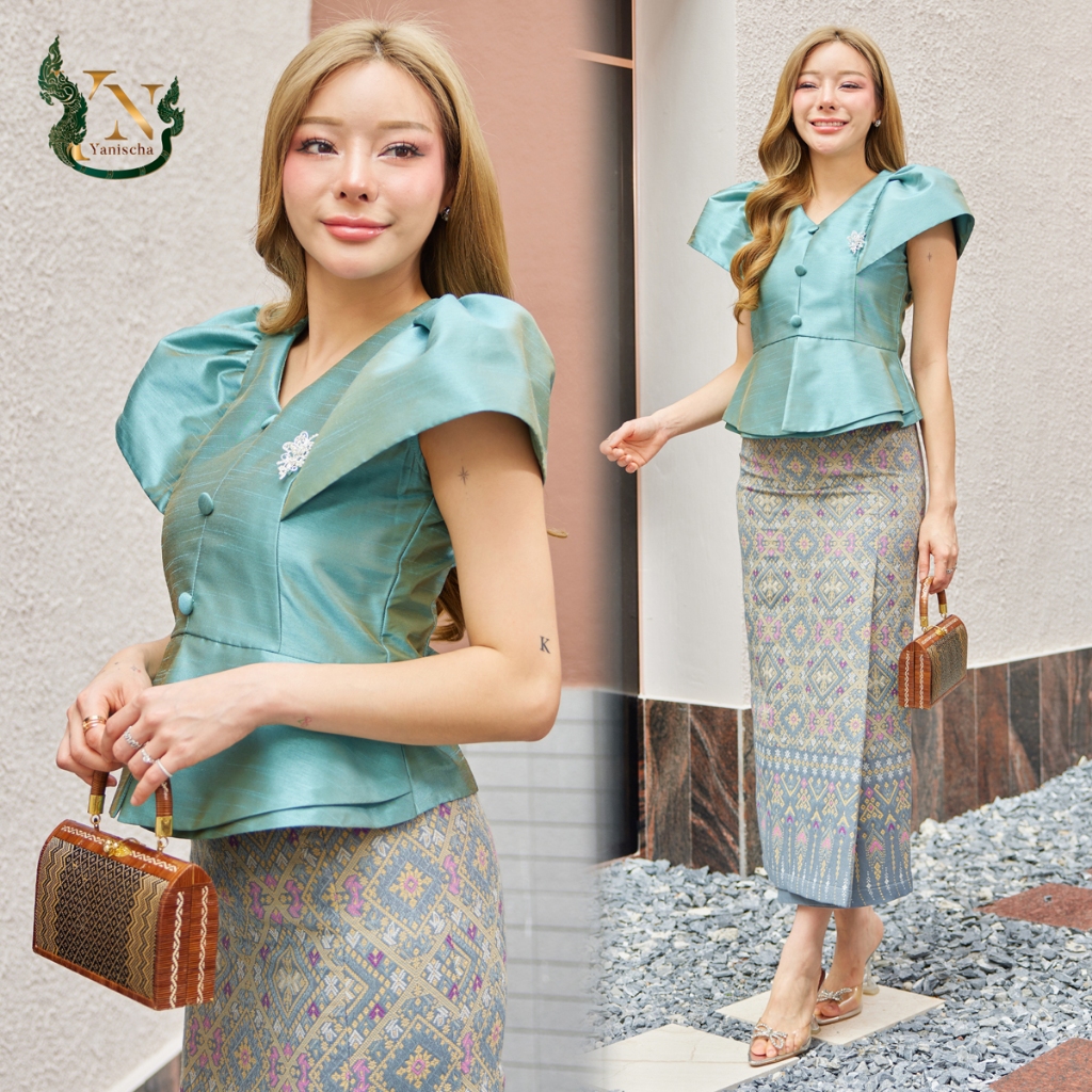 ชุดผ้าไหมแพรทิพย์เอวระบาย สีเขียวเหนี่ยวทรัพย์ พรางพุง ไซส์M-4XL