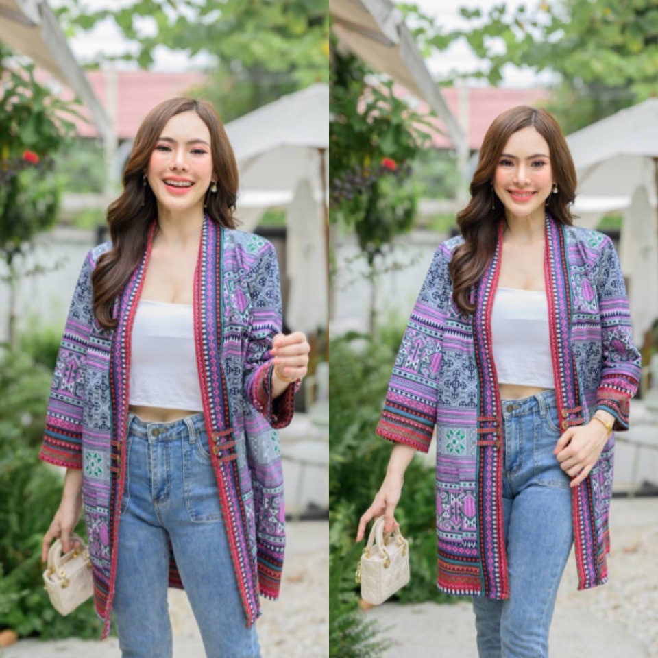 เสื้อคลุมผ้าฝ้ายตัวยาว สไตล์งานกะเหรี่ยง ผ้าพิมพ์ลายไทย