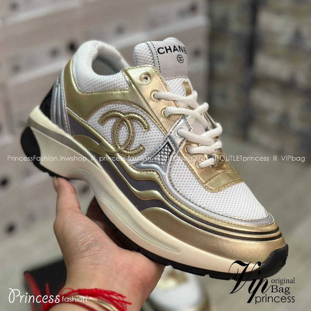 Chanel Sneakers 23s Fabric & Laminated White, Gold & Silver ออริสลับแท้ 11 ใช้งานต่างประเทศได้