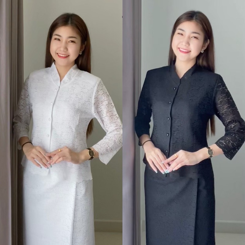 ชุดลูกไม้ราเชลคอจีนจิตรลดา นิ่มไม่คัน ใส่สบาย ไซส์ 34-46 นิ้ว สีขาว-ดำ