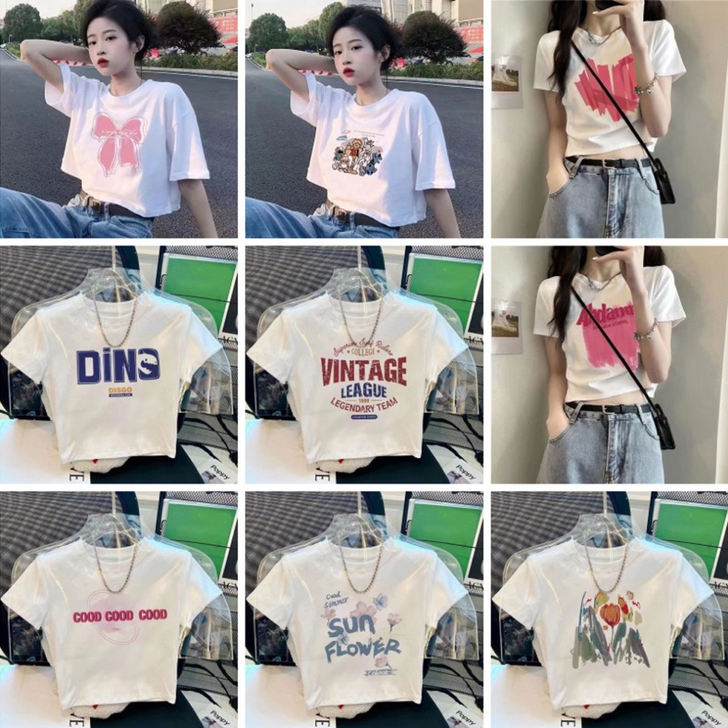 รูปภาพสินค้าแรกของเสื้อครอป มีให้เลือกถึง 3 ลายลายน่ารักมาก เสื้อครอปคอกลม คอตตอนสุดน่ารักมาแล้ว ครอปสายฝอ CF