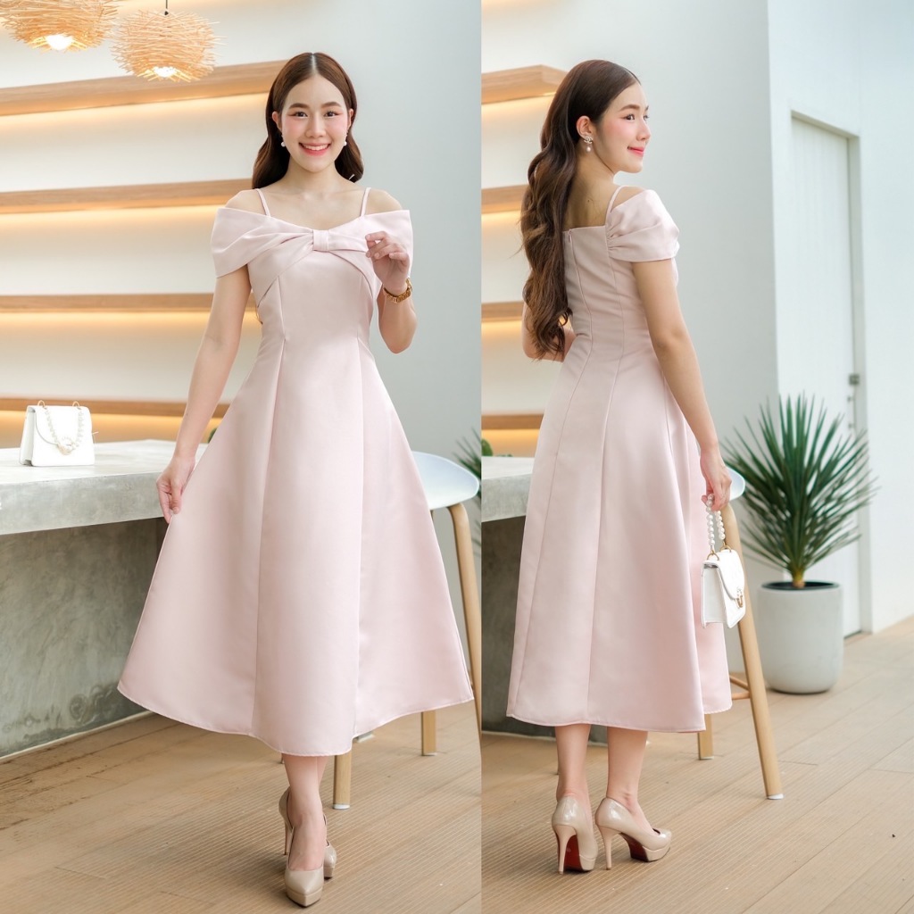 เดรสเปิดบ่าโบว์อก กระโปรงบานเรียบหรู เนื้อผ้าหนานุ่ม ไซส์ S-3XL ใส่ไปงานแต่ง งานเลี้ยง มุมมองที่ 3