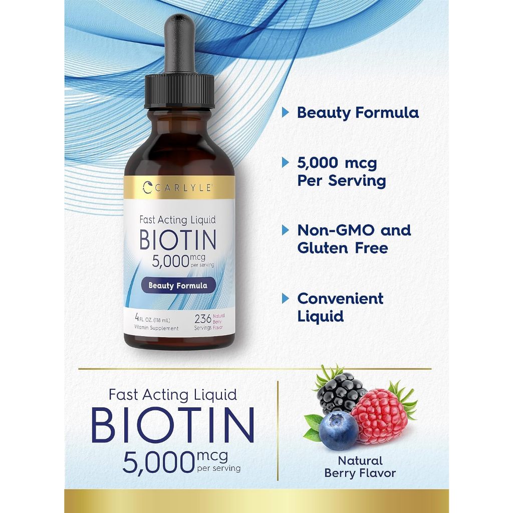 Carlyle Biotin Liquid Drops 5000mcg | 4 fl oz | Natural Berry Flavor ...