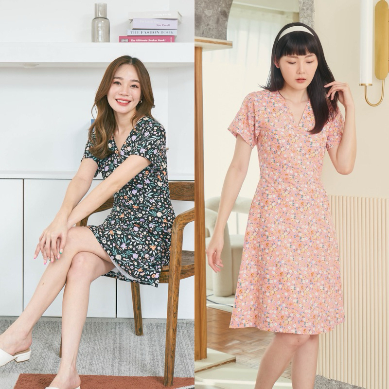 เดรสคอวีป้าย ลายดอกไม้ ( สีดำความยาวสั้นกว่าสีชมพูนะคะ ) | Shopee Thailand