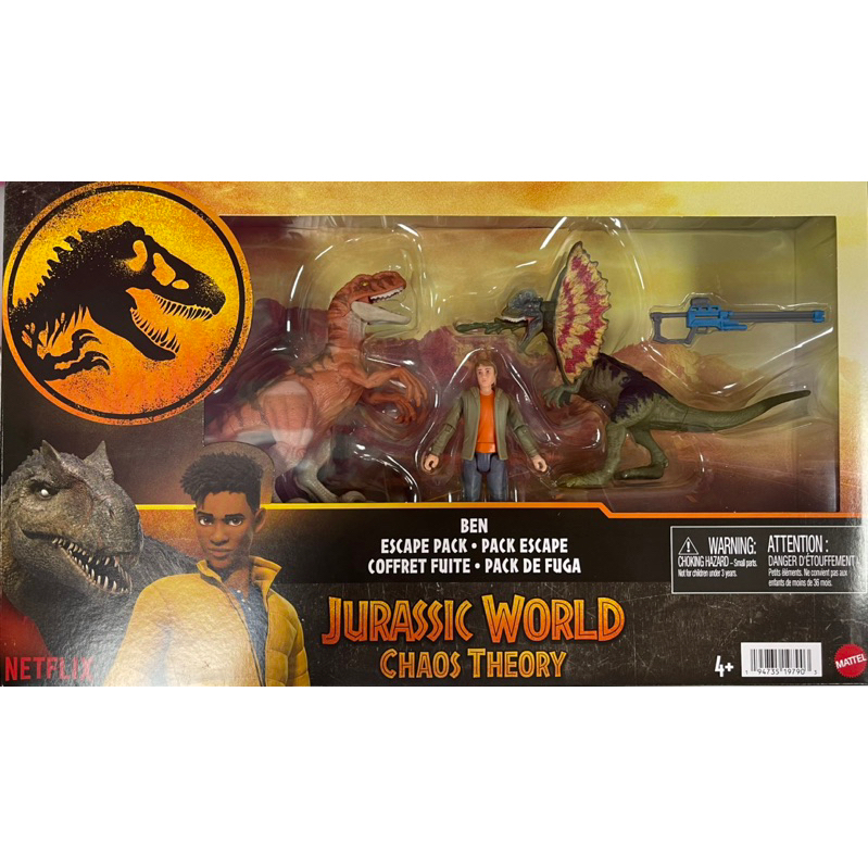 Jurassic World Chaos Theory – Ben Escape Pack Con Figuras De 3.75 Pulgadas, Incluye Atrociraptor Y Dilophosaurus, Blaster Y Códigos AR