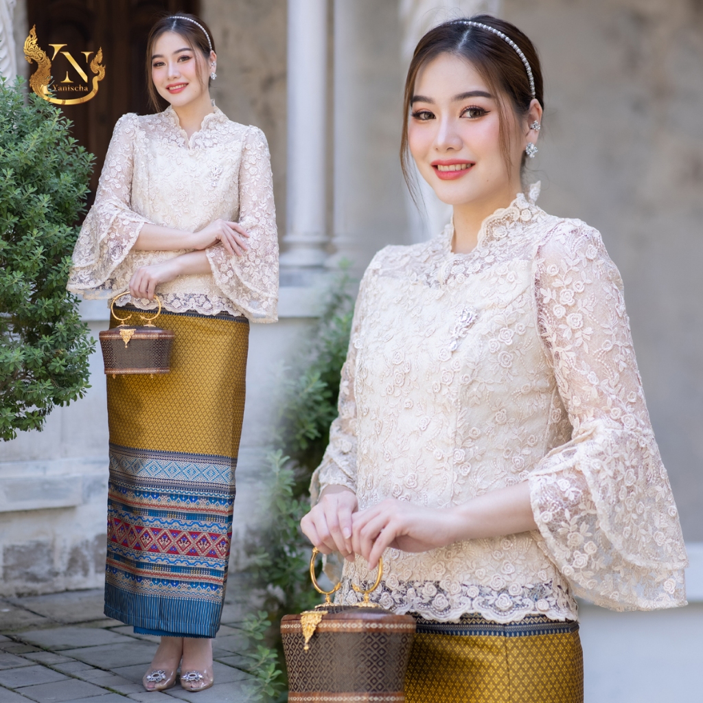 เสื้อลูกไม้ฝรั่งเศสดอกลอย Premium ชุดออกงาน-ไปวัด พร้อมผ้าถุง ไซส์ M-4XL