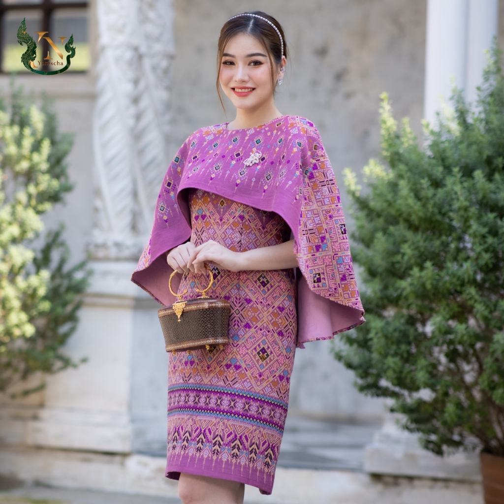 เดรสผ้าไหมเมขลา ทรงปีกผีเสื้อ สีชมพู ชุดออกงาน ไปวัด ทำบุญ ไซส์ M-4XL มุมมองที่ 3