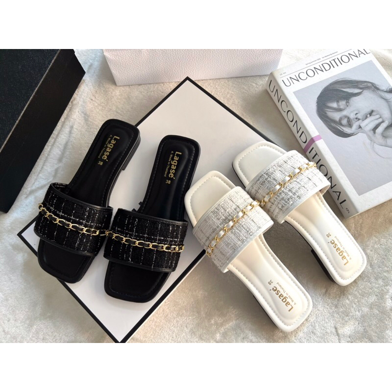 รองเท้าแตะผู้หญิงใส่สบาย แบบสวมแต่งอะไหล่โซ่ทอง สีชมพู เทา ดำ ขาว ไซส์ 36-45 ดีไซน์หรูหรา