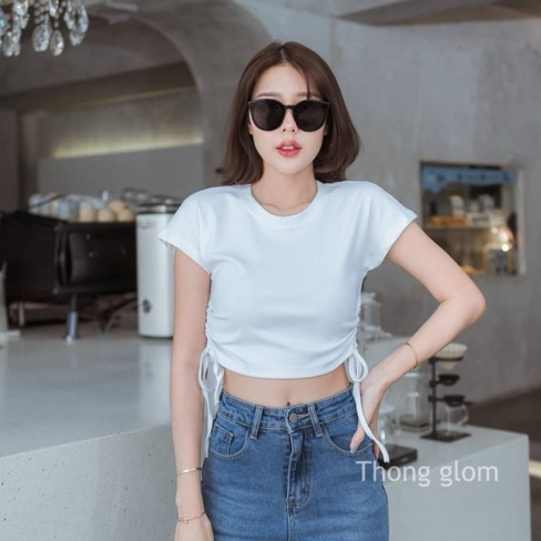 thong glom เสื้อคอกลมรูดเชือกข้างผ้ายูนิโคล่ | Shopee Thailand