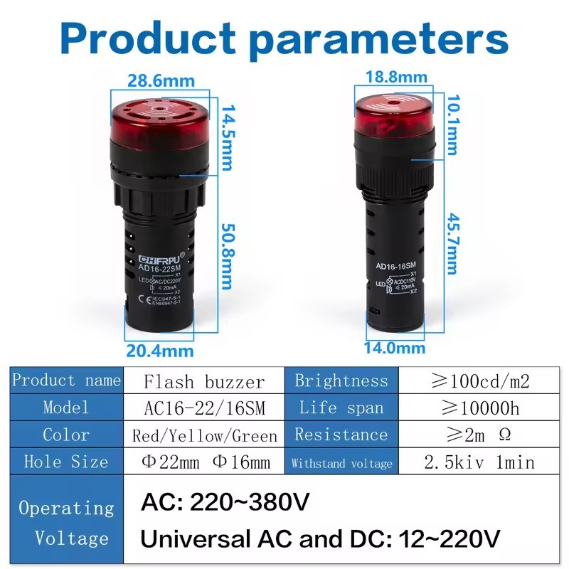 AD16-22SM : ไฟแสดงสถานะสัญญาณเตือนแบบกระพริบ พร้อมเสียงไซเรน Ø22mm, 24 ...