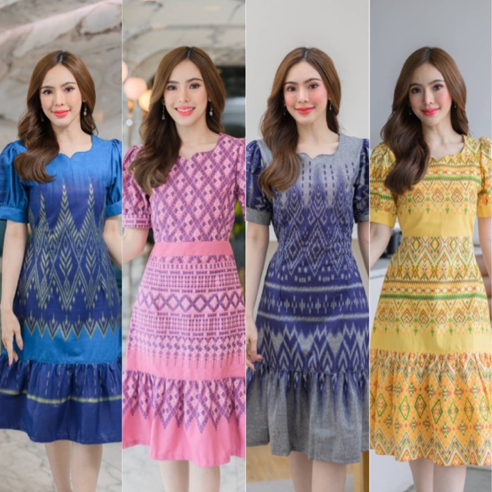 เดรสผ้าไทยใส่ทำงาน ผ้าฝ้ายพิมพ์ลายไทย (มีอก36″-52″)