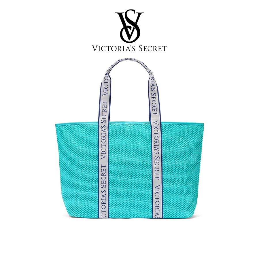 Victoria s Secret Bombshell Isle Crochet Straw Tote Bag Aqua Blue 100 USA Shopee Thailand