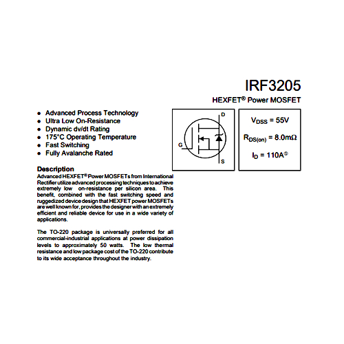 4x IRF3205 N-Channel MOSFET – 55V 110A TO-220 By Infineon (IRF3205PbF)