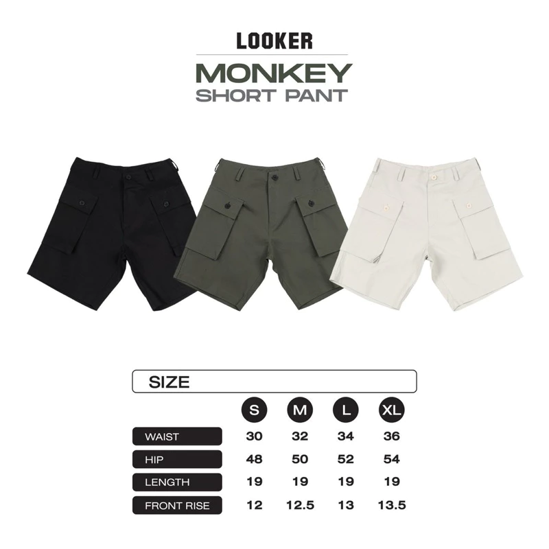 LOOKER - Monkey Short Pants กางเกงขาสั้น (กางเกงวินเทจ Monkey) สีครีมขาว สีดำ สีเขียว