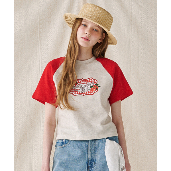 Ronron Raspberry Jam Raglan Crop T Shirt (Red, Navy, White