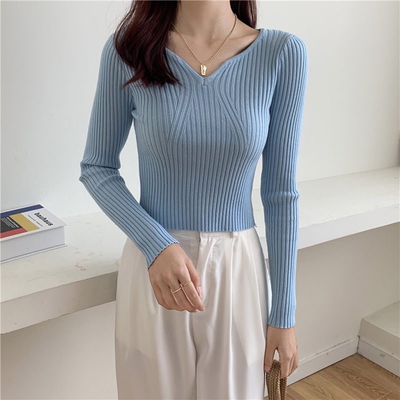 ccshop.เสื้อไหมพรม แขนยาว คอวี ทรงรัดรูป แบบสั้น รุ่น189# | Shopee Thailand