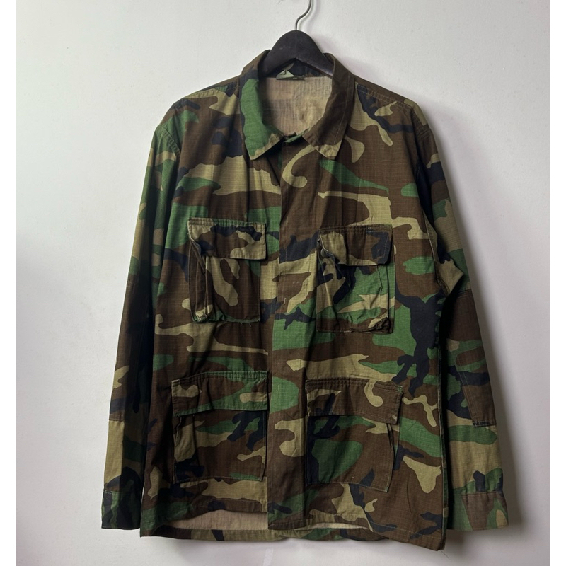 90'S US Military Camouflage Woodland Camo Ripstop Military Jacket, Made in USA, Small Regular, Men's Size Small cotton Khaki type Vintage Second Hand