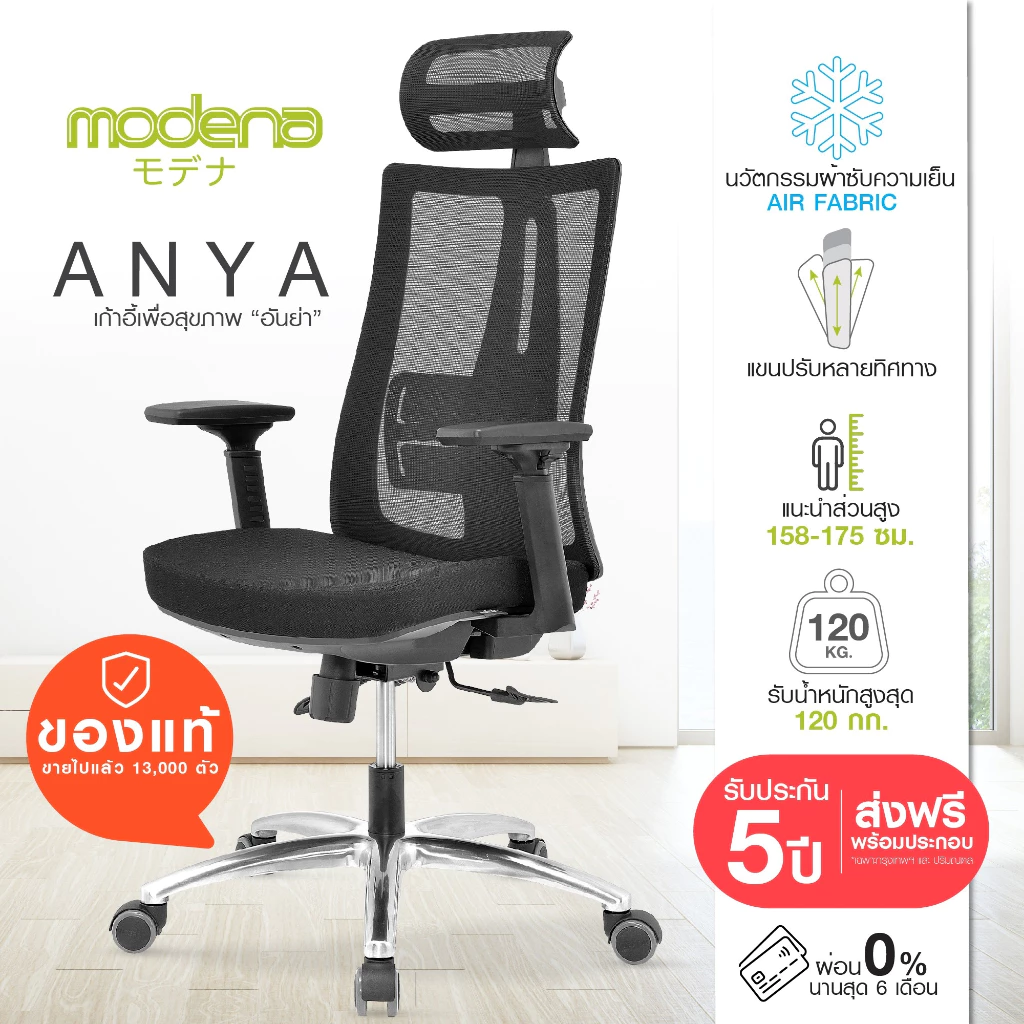 Modena  เก้าอี้สุขภาพ รุ่น Anya (อันย่า) เก้าอี้สีดำ เหล็กชุบโครเมียม Ergonomic Chair ระบายอากาศดีเยี่ยม ลดอาการปวดเมื่อย รองรับน้ำหนัก 120 kg.