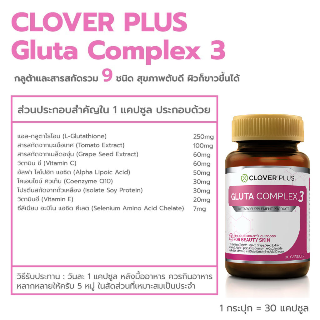 clover-plus-gluta-complex-3-30แคปซูล-กลูต้าเหมาะสำหรับผู้ที่ต้องการดูแลผิว