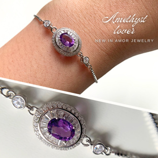 สร้อยข้อมือเงินแท้ 925 แบบรูดฝังพลอยอเมทิสต์(Amethyst)และเพชร cz