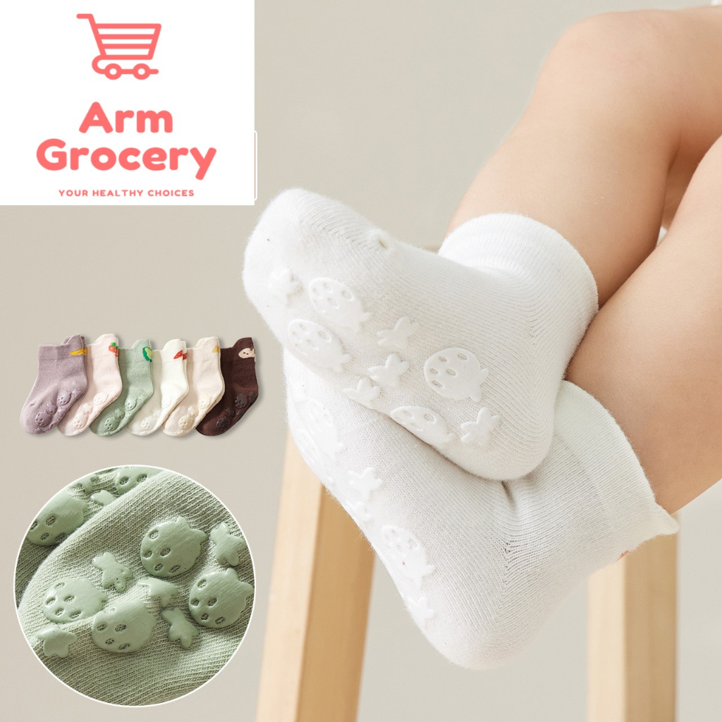 armgrocery-ถุงเท้าเด็กเล็ก-0-5-ขวบ-รุ่นกันลื่นหนานุ่มรูปผลไม้-ไร้ตะเข็บ-สีชมพู-แพ็ค-1-คู่