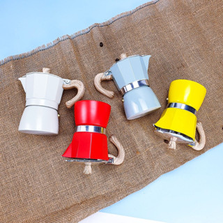 Moka Pot 3CUP 6CUP กาต้มกาแฟสดพกพา หม้อต้มกาแฟ ทรงแปดเหลี่ยม หูจับลายไม้ มีหลายสี