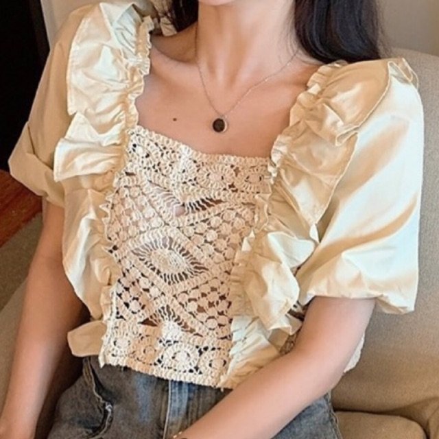 เสื้อครอป ถักลายไหมพรม แขนตุ๊กตา ใส่ลุคคุณหนูมาก | Shopee Thailand