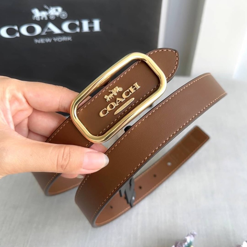 เข็มขัดหนังแท้สีน้ำตาล Coach Rectangle Buckle Belt CE969 หัวเข็ม