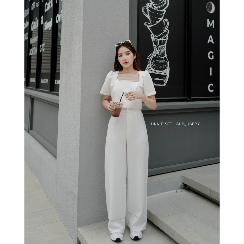 UNNIE SET - SHP_HAPPY ชุดเซตเสื้อแขนตุ๊กตาและกางเกงขายาวดีเทลเย็บด้ายสี ...