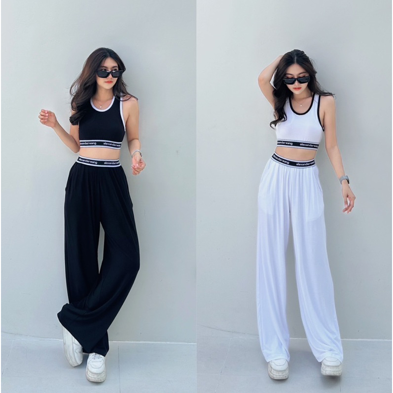 sport-set-set-เสื้อกล้ามครอปทรงสปอร์ต-เข้าชุดกับกางเกงขายาวทรงปล่อย-แต่งขอบยาง