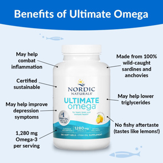 💥สินค้าUSA💥🇺🇸Nordic Naturals, Ultimate Omega, Lemon, 1,280 mg, 180 Soft Gels