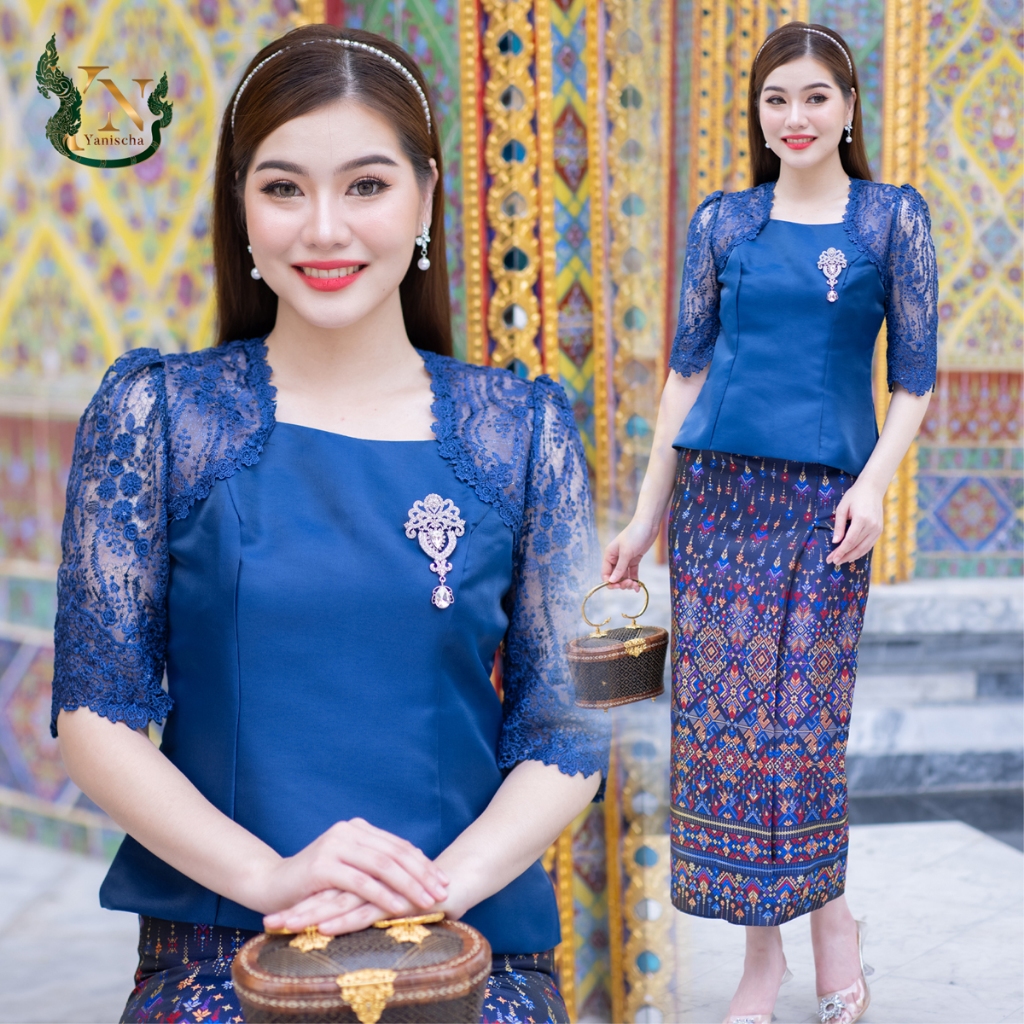 เซ็ทไหมญี่ปุ่นพรีเมี่ยมแต่งลูกไม้ใยบวบ ชุดออกงานไปวัด สีน้ำเงิน M-4XL