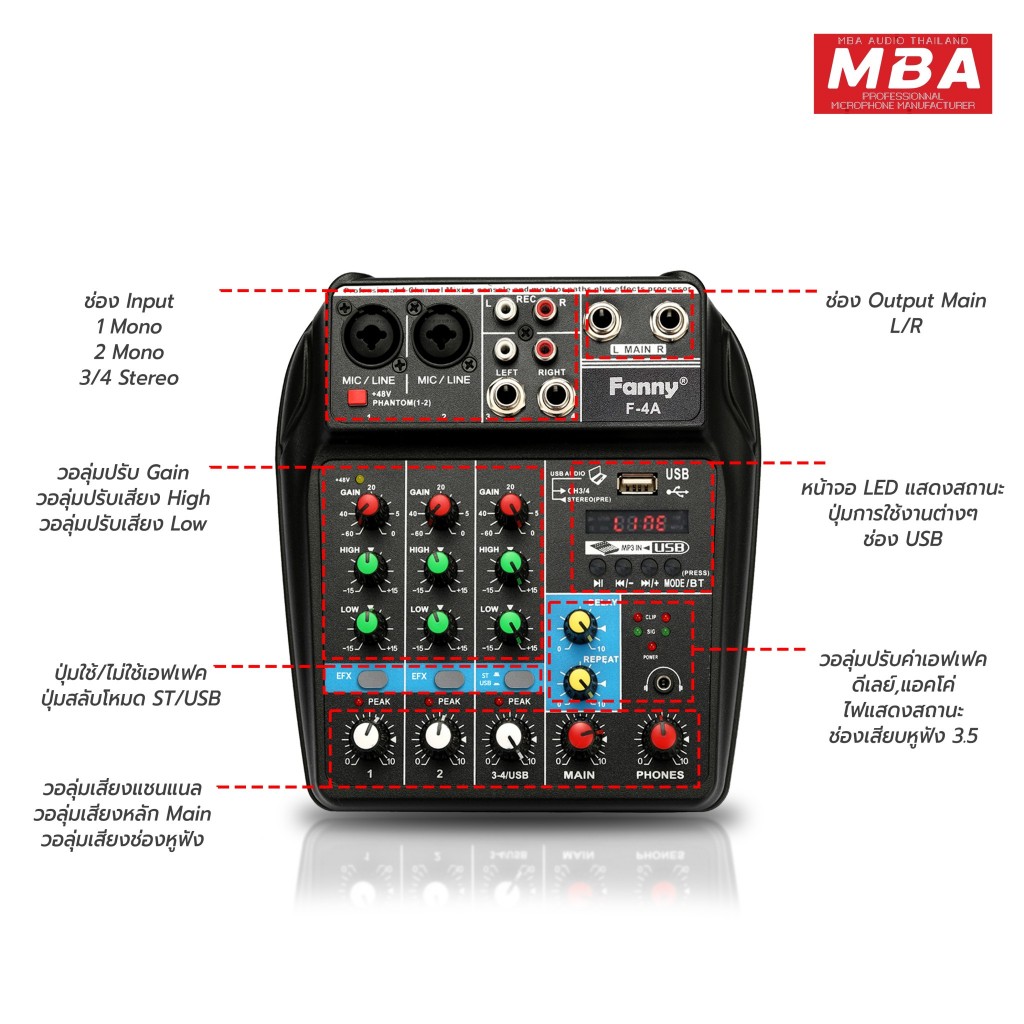 MBAAUDIOTHAILAND มิกเซอร์ 4ช่อง MBA รุ่น F-4A มีบลูทูธ เอฟเฟคแท้ ใช้ไฟ ...