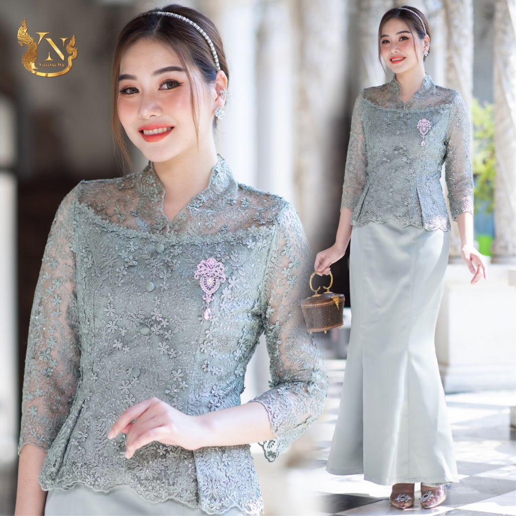ชุดเซตลูกไม้ใยบวบฝรั่งเศษพรีเมียม กระโปรงหางปลา ใส่ไปงาน-วัด (เขียว)