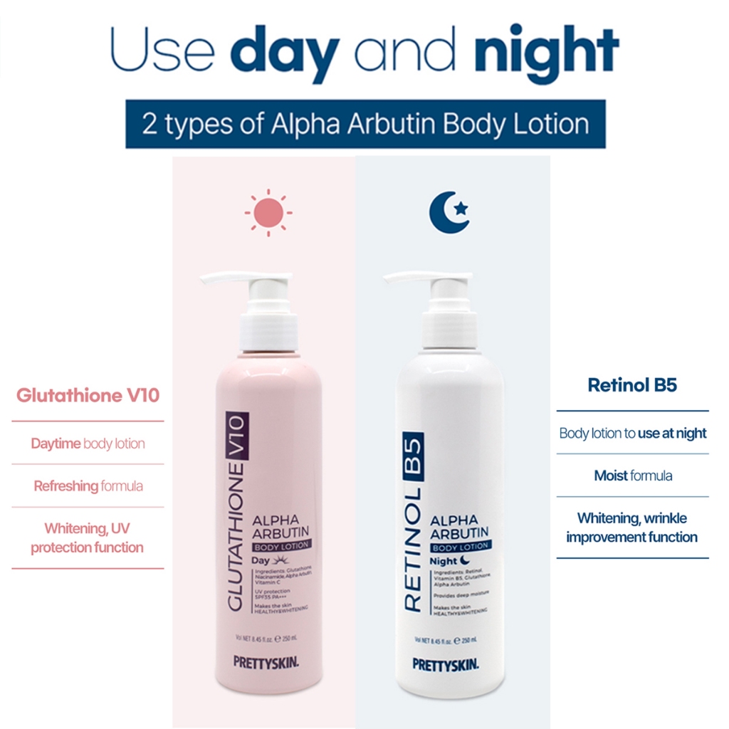 prettyskin glutathione v10 alpha arbutin body lotion ครีมโลชั่นผิวขาว สูตรกลางวัน และ กลางคืน จากเกาหลี ขนาด 250ml Liposome Glutathione Direct Ultra Flavor:Variety Pack free from:Peanuts