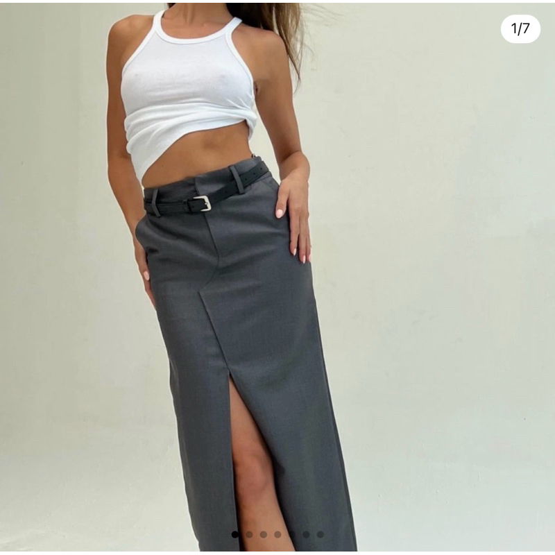 Slate Front Slit Skirt in Washed Grey