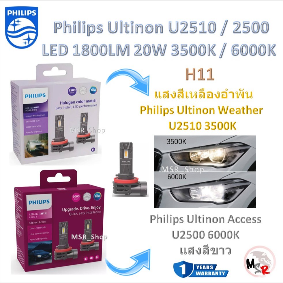 Philips หลอดไฟหน้ารถยนต์ LED Ultinon Weather Vision U2510 3500K ...