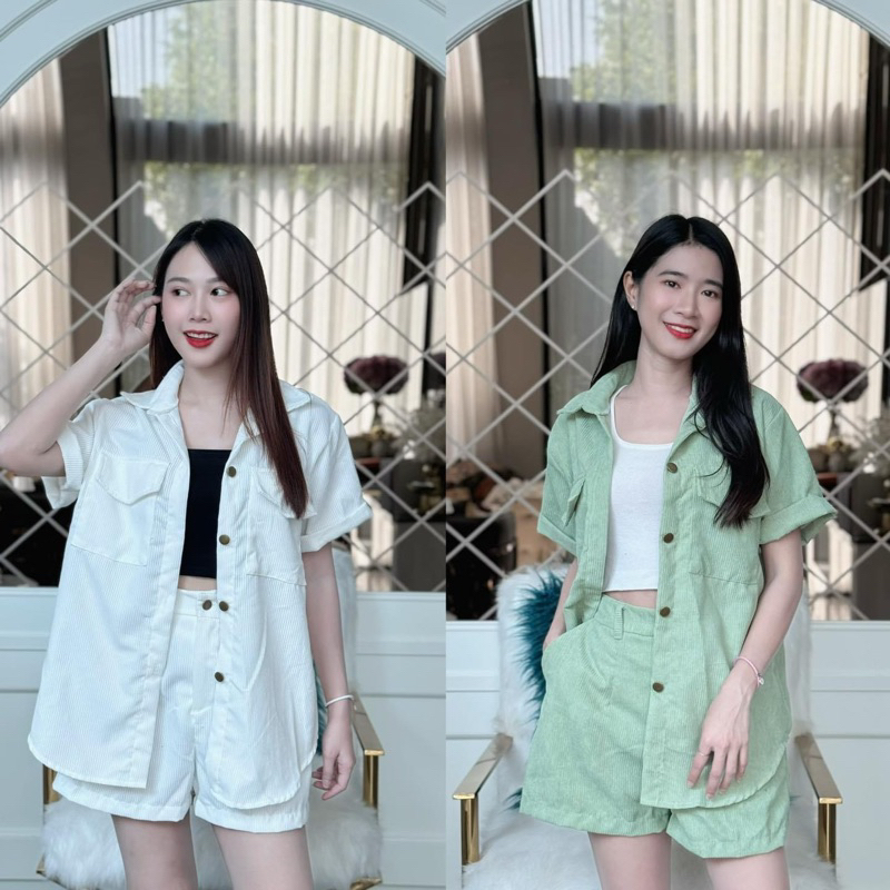 เสื้อเชิ้ตแขนเบิ้ล กางเกงขาสั้น ผ้าลูกฟูก