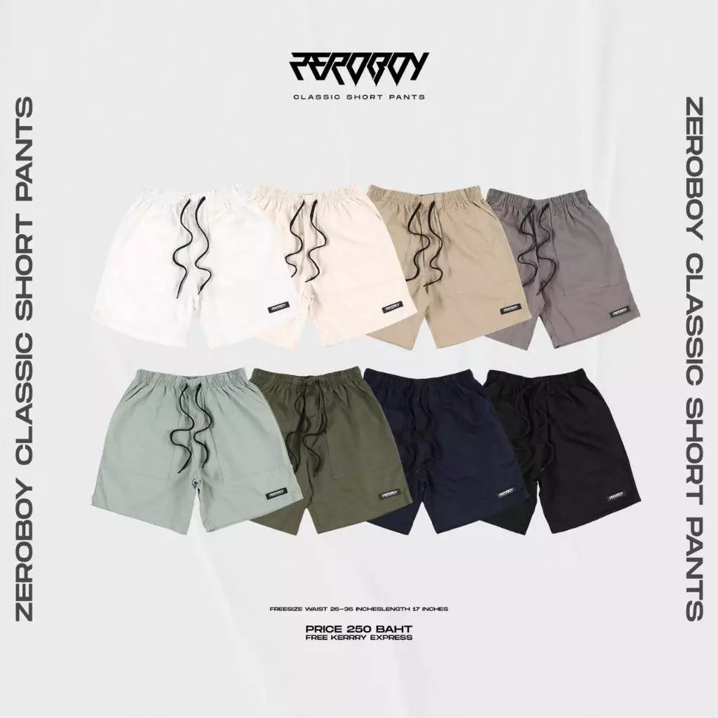 ZEROBOY - กางเกงขาสั้นวินเทจ เอวยางยืด สีขาว สีครีม สีเขียวมิ้นท์ สีเทาอ่อน สีกรม สีดำ