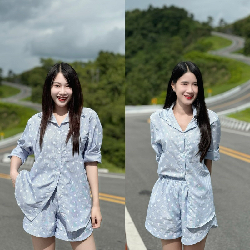 รกัสBW7 ชุดเซต(ลายริ้วโบว์) เสื้อเชิ้ตแขนยาว กางเกงขาสั้น