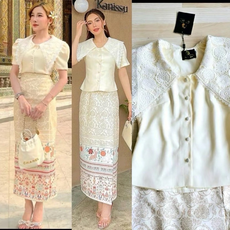 ชุดลูกไม้เข้าเซ็ทสีครีมขาว Premium ใส่งานบุญ งานแต่ง หรูหราสวยกรุบ มุมมองที่ 6