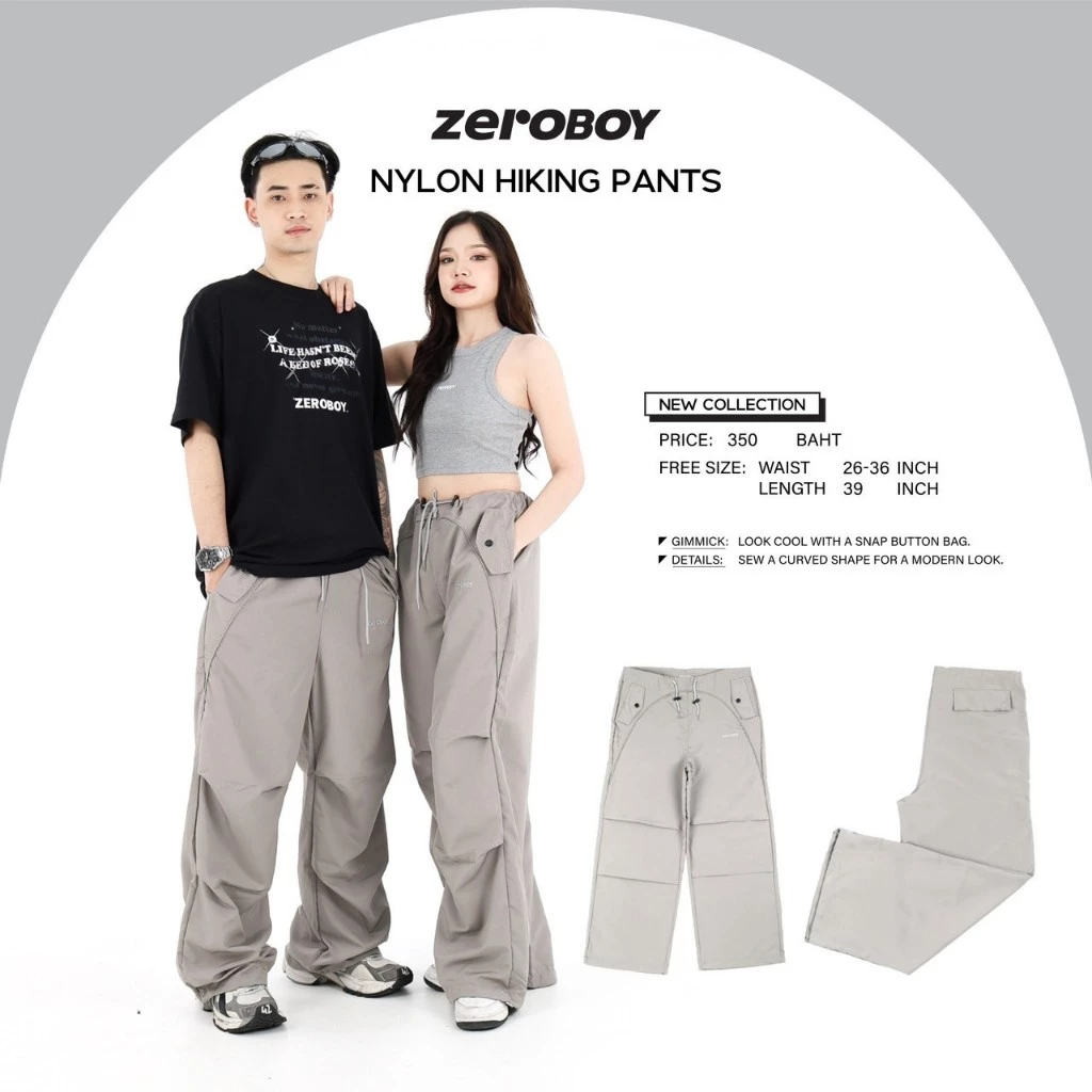 ZEROBOY - Nylon Hiking Pants กางเกงขายาวทรงกระบอกใหญ่ กางเกงไนล่อนรุ่นใหม่ 2 สี สีเทา สีดำ