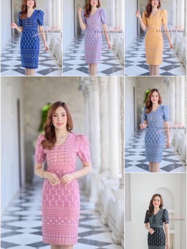 เดรสลายขอพระราชทาน V86 ผ้าทออัดกาว ไม่ยับ ดูแพง 6 สี 5 ไซส์ มุมมองที่ 2