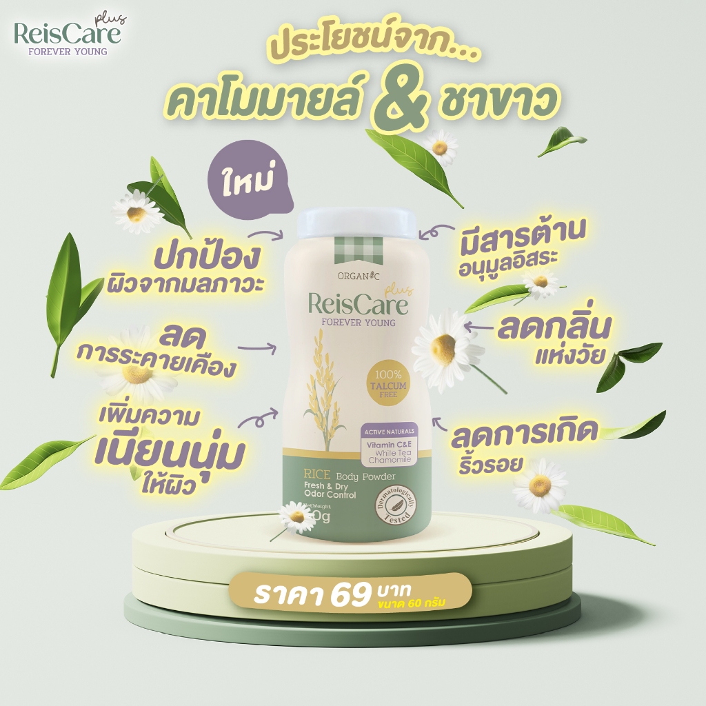 ไร้ซแคร์ ฟอร์เอเวอร์ ยัง แป้งข้าวทาตัว 15/60g. ReisCare Forever Young ...