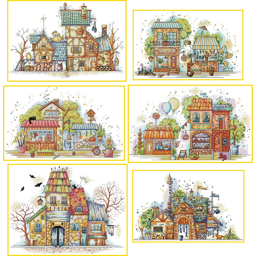 ชุดปักครอสติช-การ์ตูน-วิว-เมือง-บ้าน-ร้านค้า-colorful-village-cross-stitch-kit