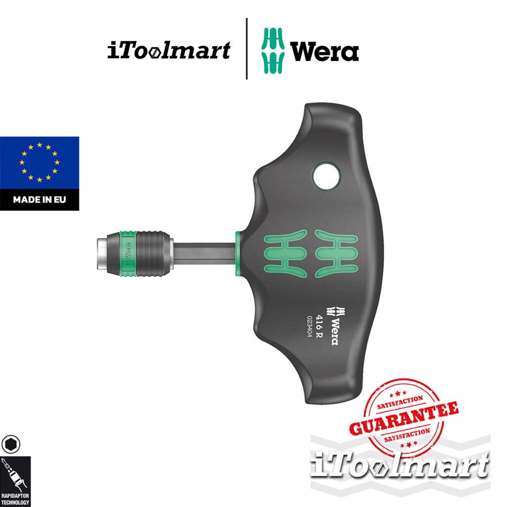 Tournevis à Manche En T Wera 416 R Rapidaptor - Porte-embouts 1/4", Changement Rapide, Ergonomique, Pour Couples élevés