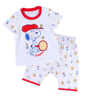 Enfant (อองฟองต์) ชุดเสื้อแขนสั้น + กางเกงขาสั้น ลายสนูปี้ ผ้าคอตตอนแท้ 100% สำหรับเด็กอายุ 3-6 เดือน สีขาว ลิขสิทธิ์แท้