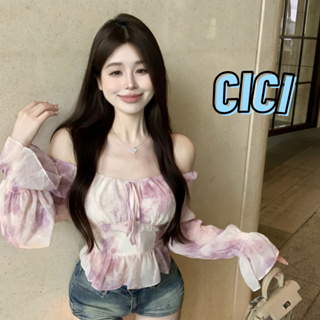 Cici(NO.7167)เสื้อครอปแขนยาวผ้าชีฟอง สม๊อคหลัง ลายมัดย้อม ดีเทลระบายขอบล่างน่ารักสุดๆ