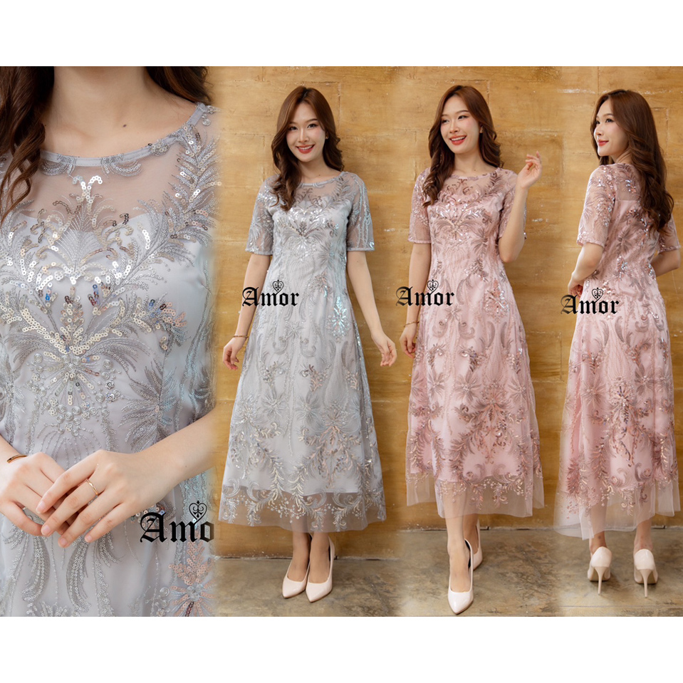 ส่งฟรี-ชุดเดรสลูกไม้ปักเลื่อม-ชุดราตรี-สีกะปิ-สีเทา-m-4xl-amor