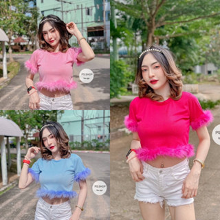 เสื้อครอป ปลายแขนติดขนนก สีสันสดใสมากๆจ้าา